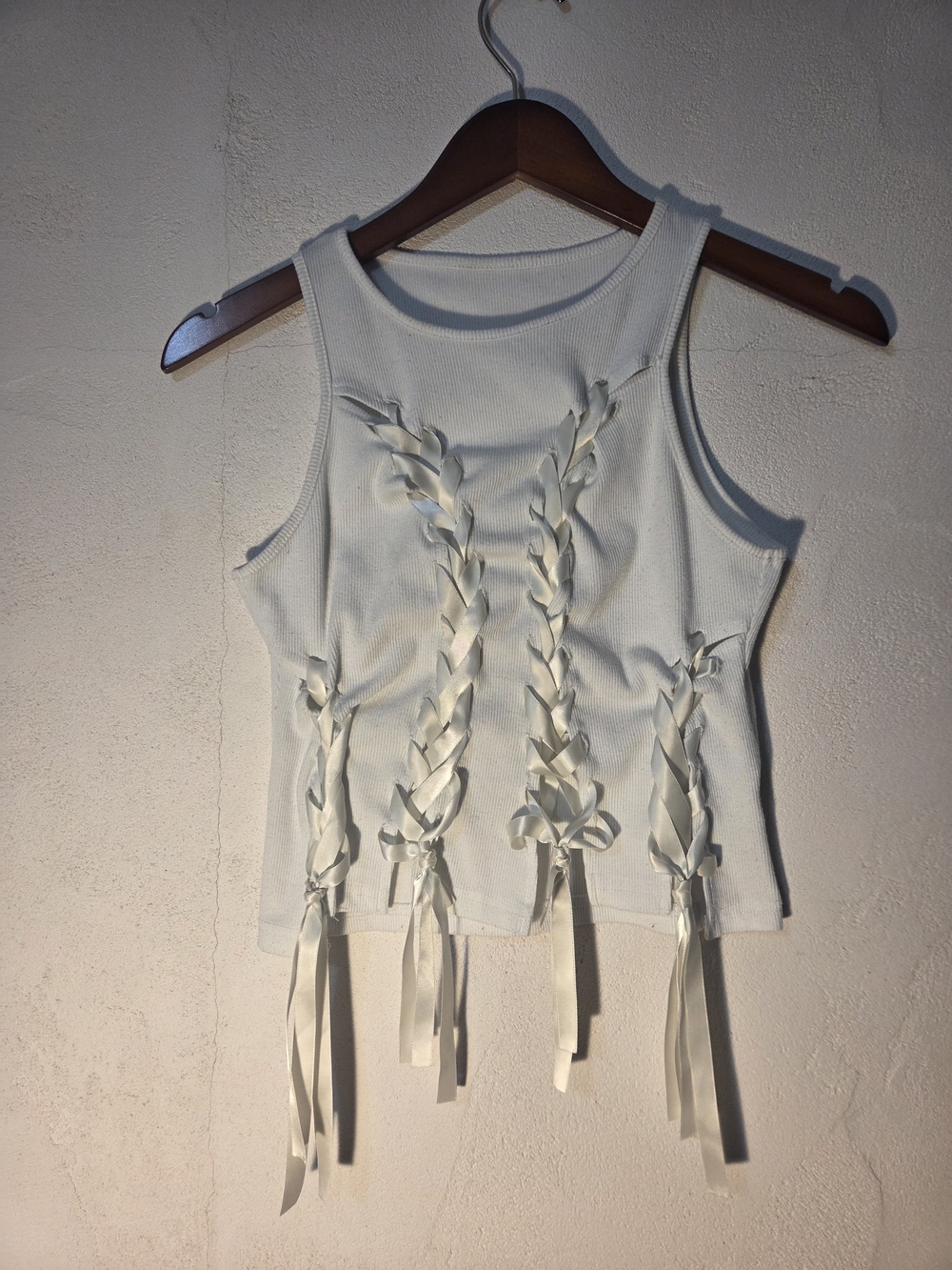KOLLY White Ribbed Knit Tank Top Medium M Ribbon Lace Up Coquette Balletcore
